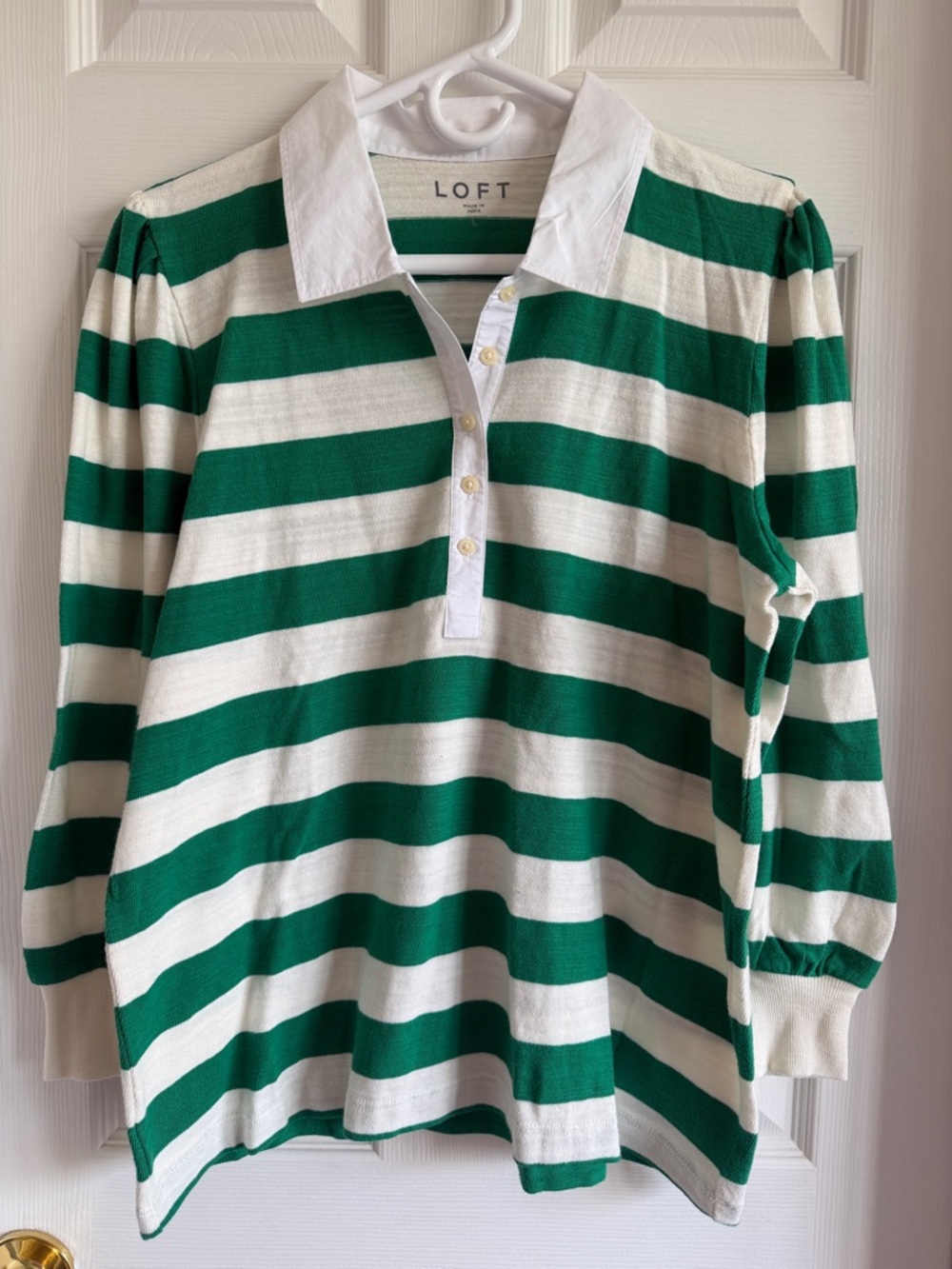 NWT LOFT Green and White Striped Polo Knit Top